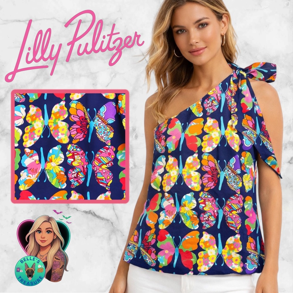 Lilly Pulitzer Social Butterfly Silk One Shoulder Bow Roe Out There Top Womens 2